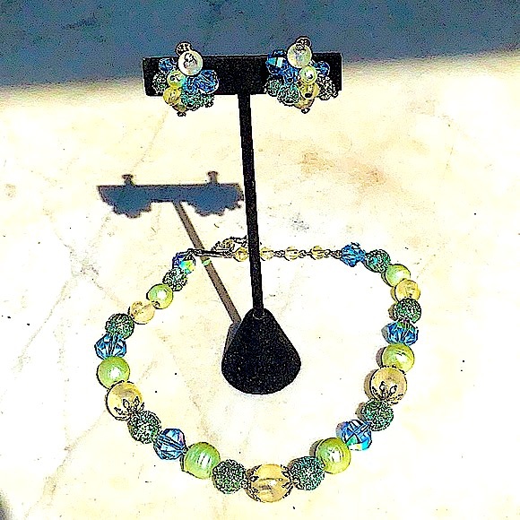 VENDOME 1 STRAND NECKLACE & EARRINGS BLUE SILVER VINTAGE CRYSTAL - Picture 5 of 12